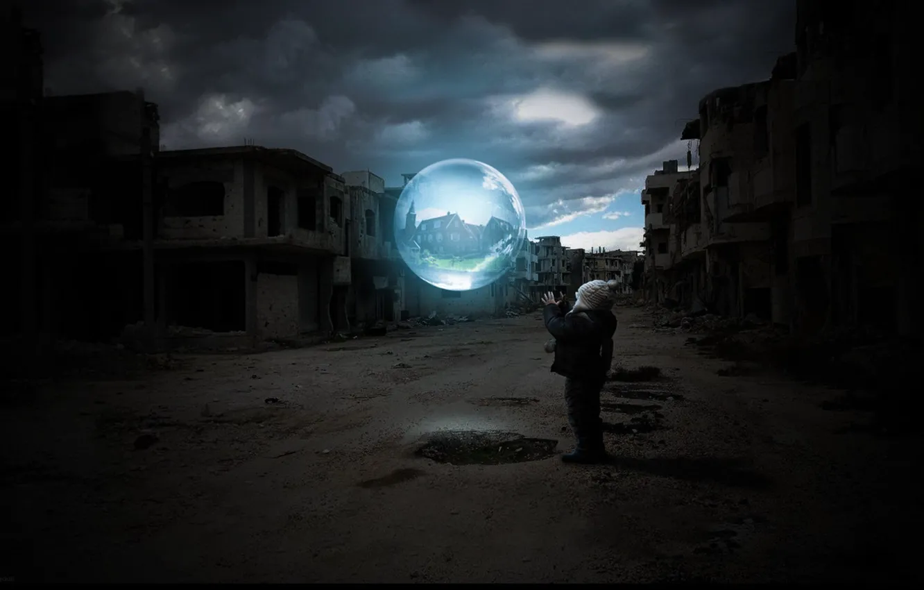 Фото обои город, магия, шар, мальчик, разруха, руины