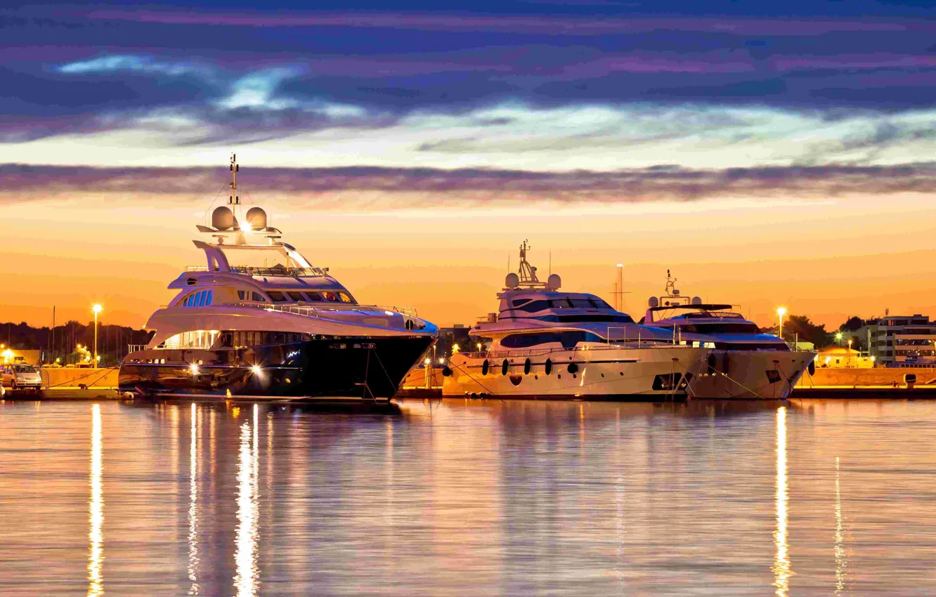 Фото обои город, яхты, вечер, порт, Хорватия, Далмация, Задар, Luxury yachts harbor at golden hour view