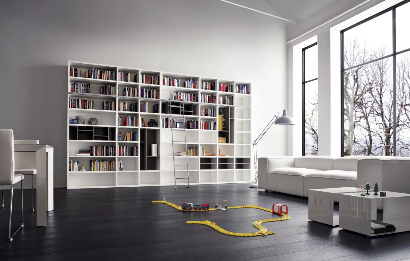 Фото обои белый, дизайн, диван, интерьер, библиотека, white, design, modern