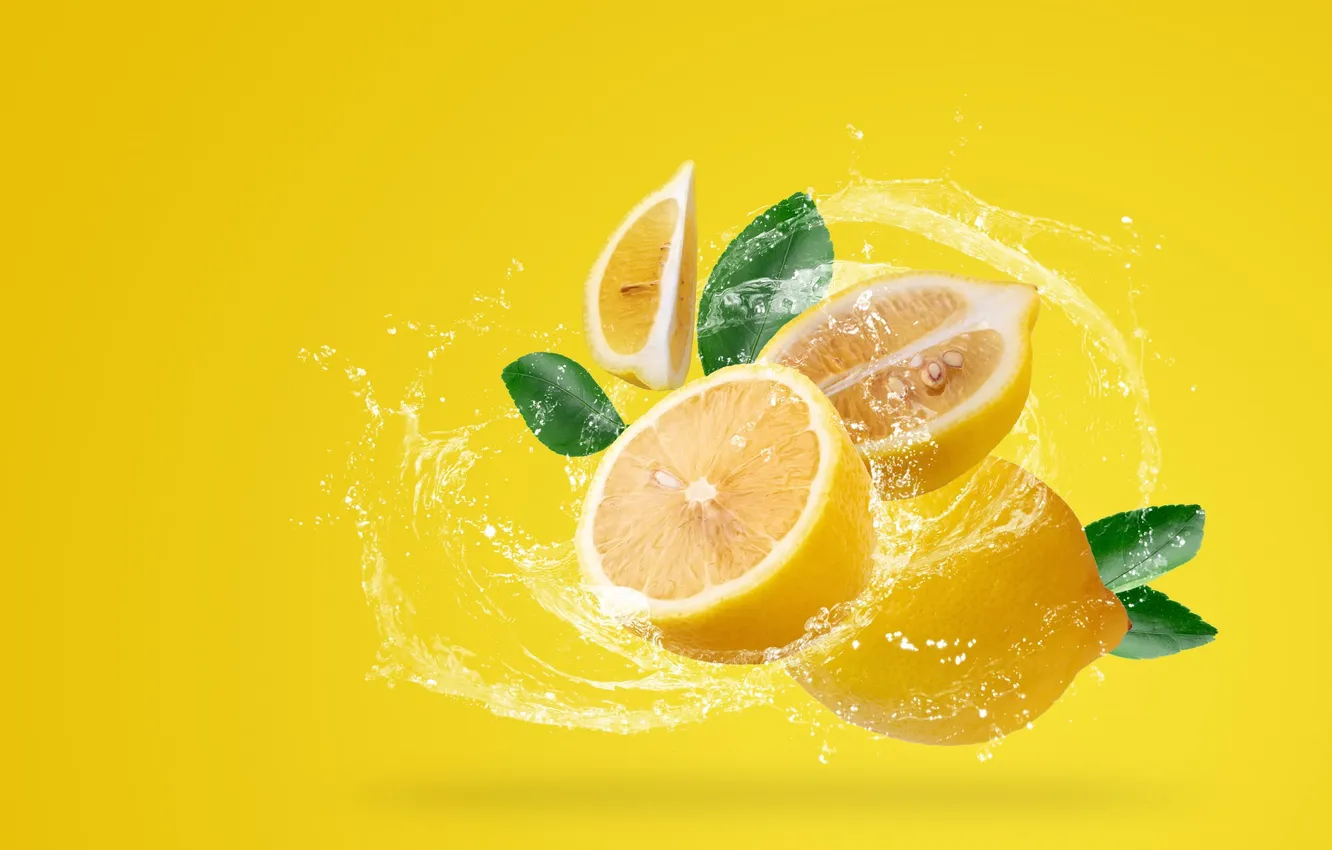 Фото обои yellow, water, fruit, splash, Lemon