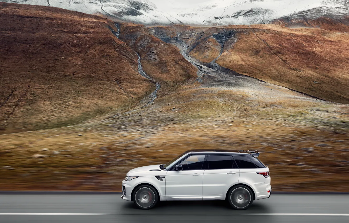 Фото обои горы, движение, скорость, трасса, долина, Range Rover, вид сверху, Sport