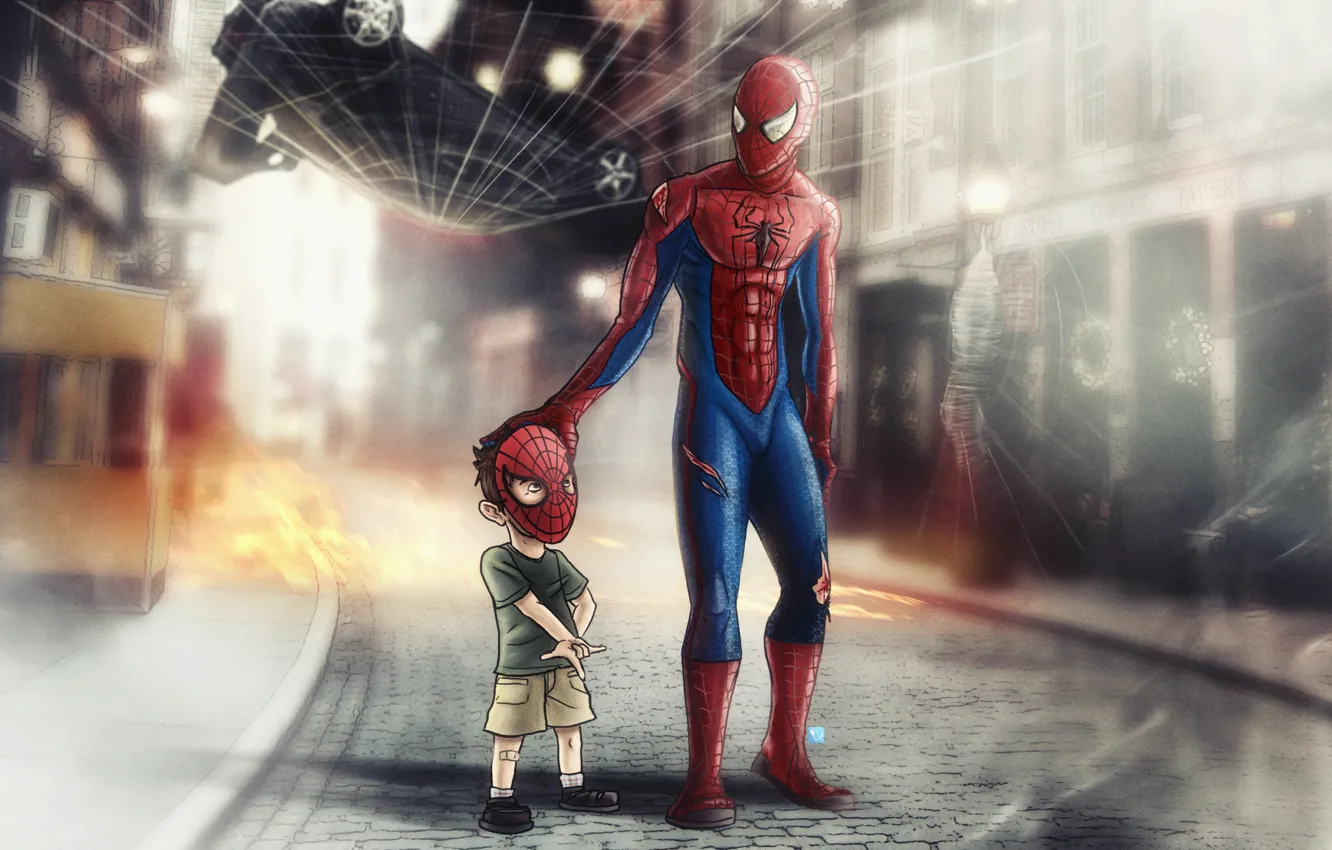 Фото обои человек-паук, spider-man, ребенок, паутина, маска, супергерой