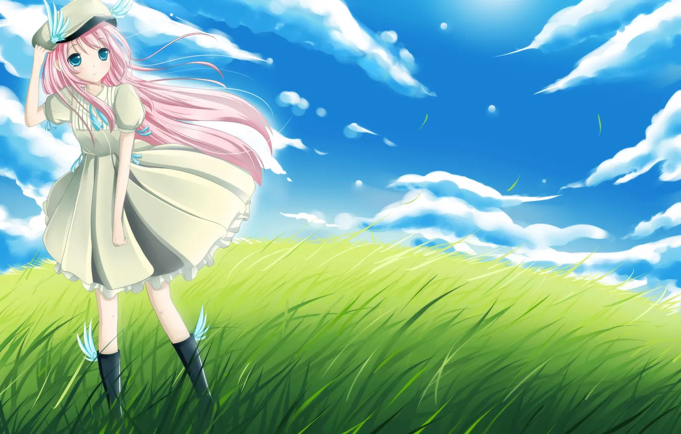 Фото обои трава, девушка, облака, ветер, fresh pretty cure!, higashi setsuna