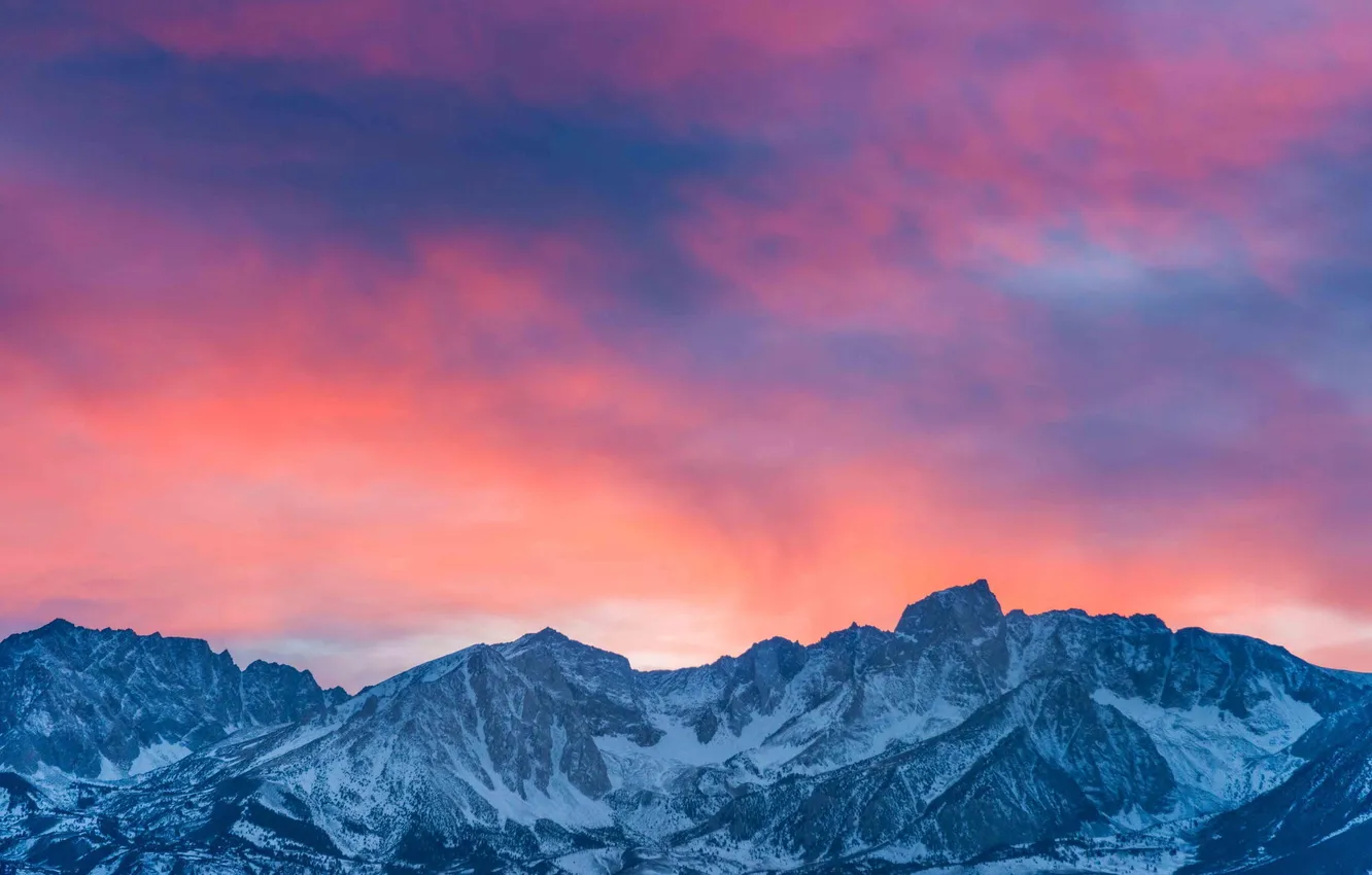 Фото обои снег, пейзаж, закат, горы, природа, горный хребет