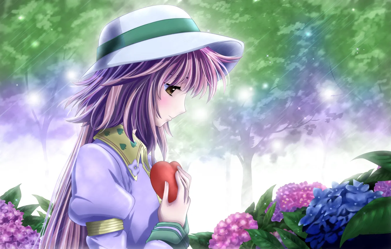 Фото обои девушка, цветы, сердце, шляпа, девочка, гортензии, kobato
