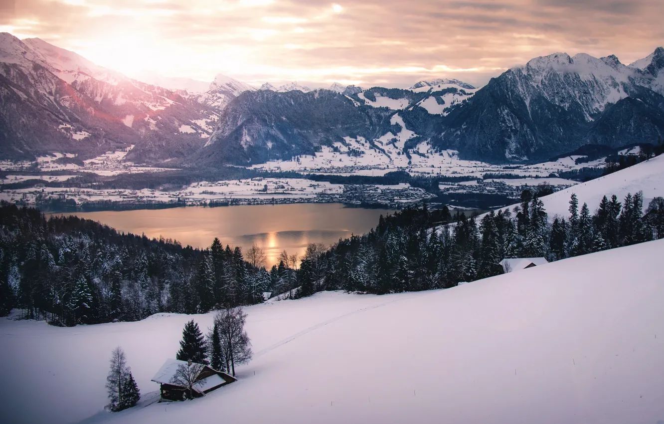 Фото обои зима, горы, озеро, дом