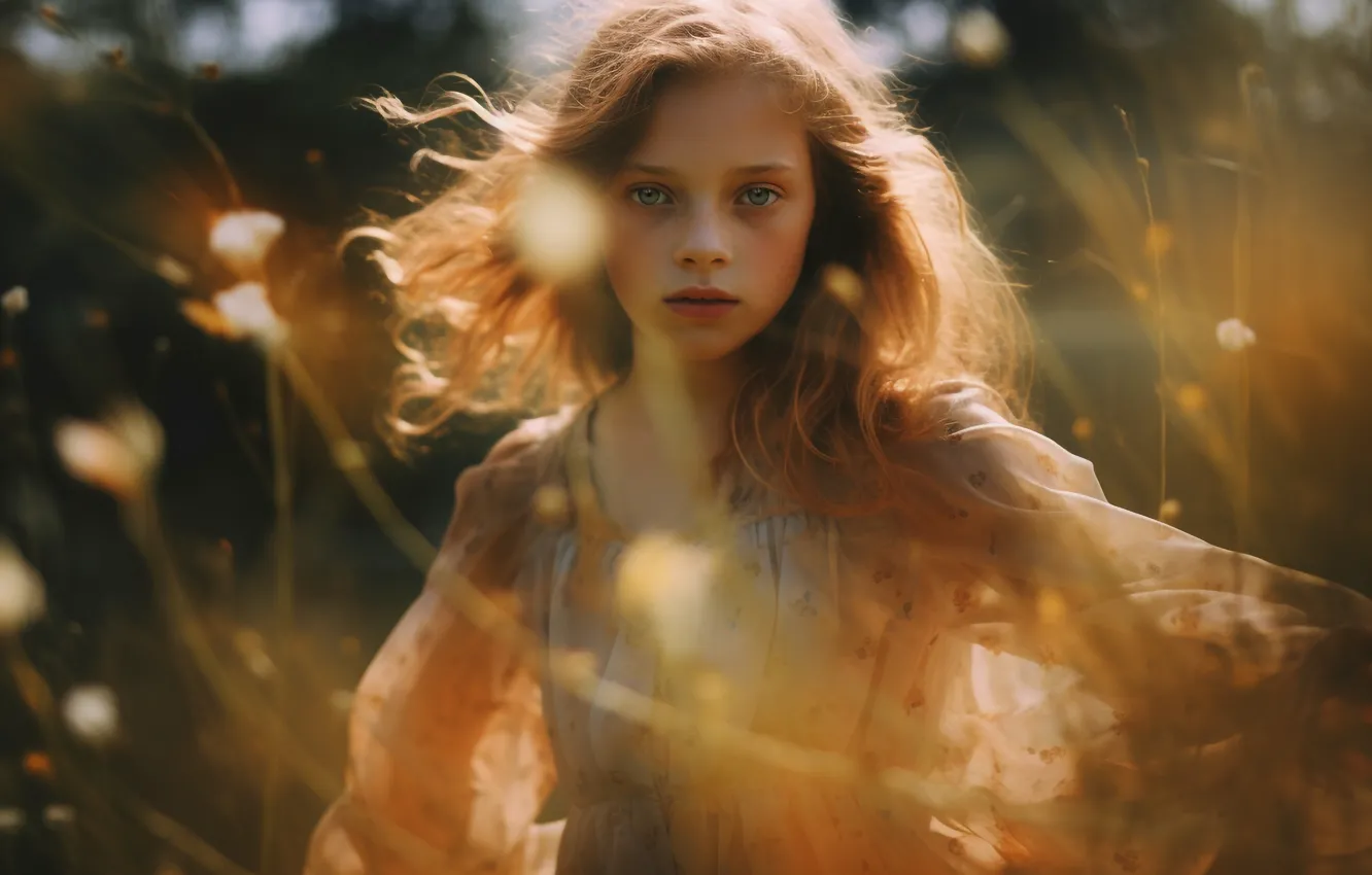 Фото обои поле, девочка, прогулка, ИИ-арт, Искусство искусственного интеллекта, НЕЙРОСЕТЬ