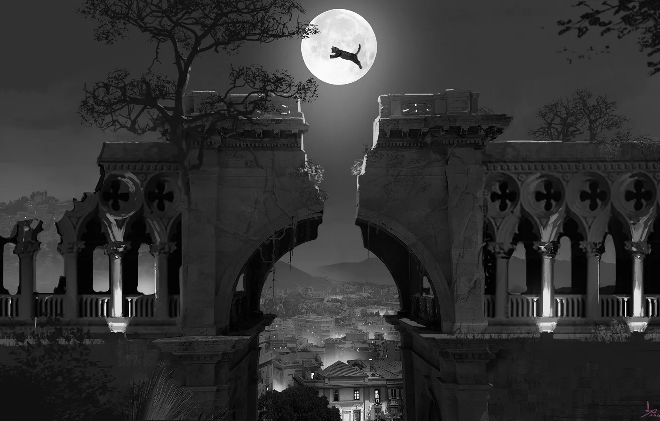 Фото обои ночь, город, замок, луна, силуэт, руины, jump