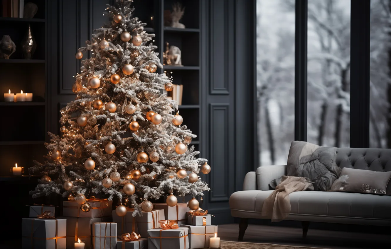 Фото обои украшения, комната, елка, интерьер, Рождество, подарки, Новый год, Christmas