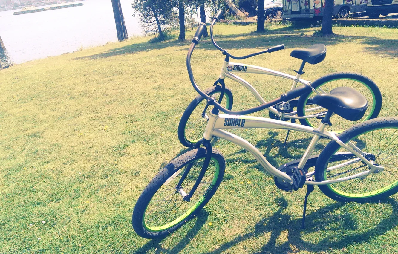 Фото обои лето, велосипед, город, река