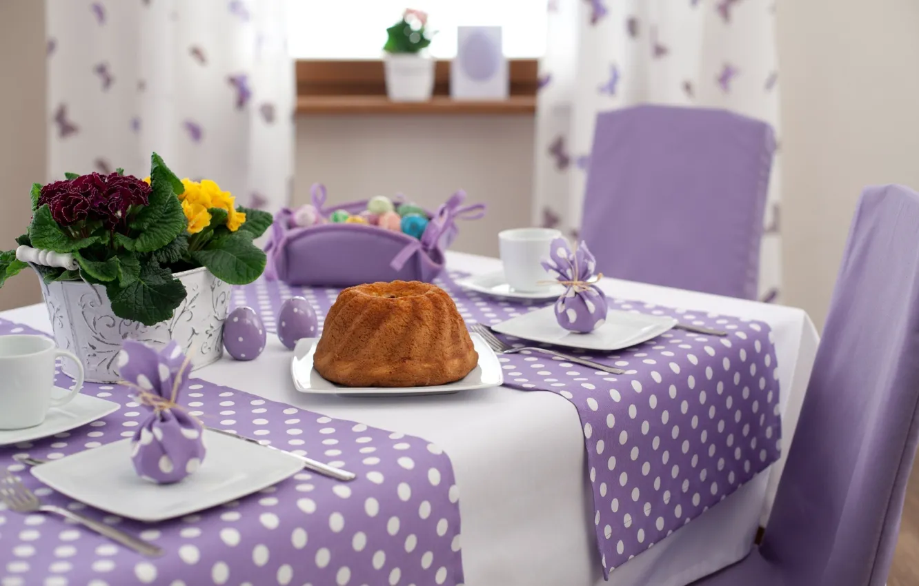 Фото обои цветы, яйца, Пасха, кулич, скатерть, кекс, Easter, праздничный стол