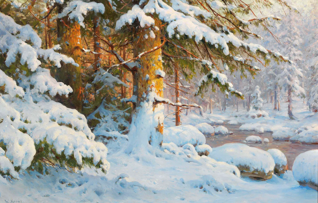 Фото обои Зима, Деревья, Снег, Ручей, Картина, Сосны, Walter Moras, Зимний пейзаж