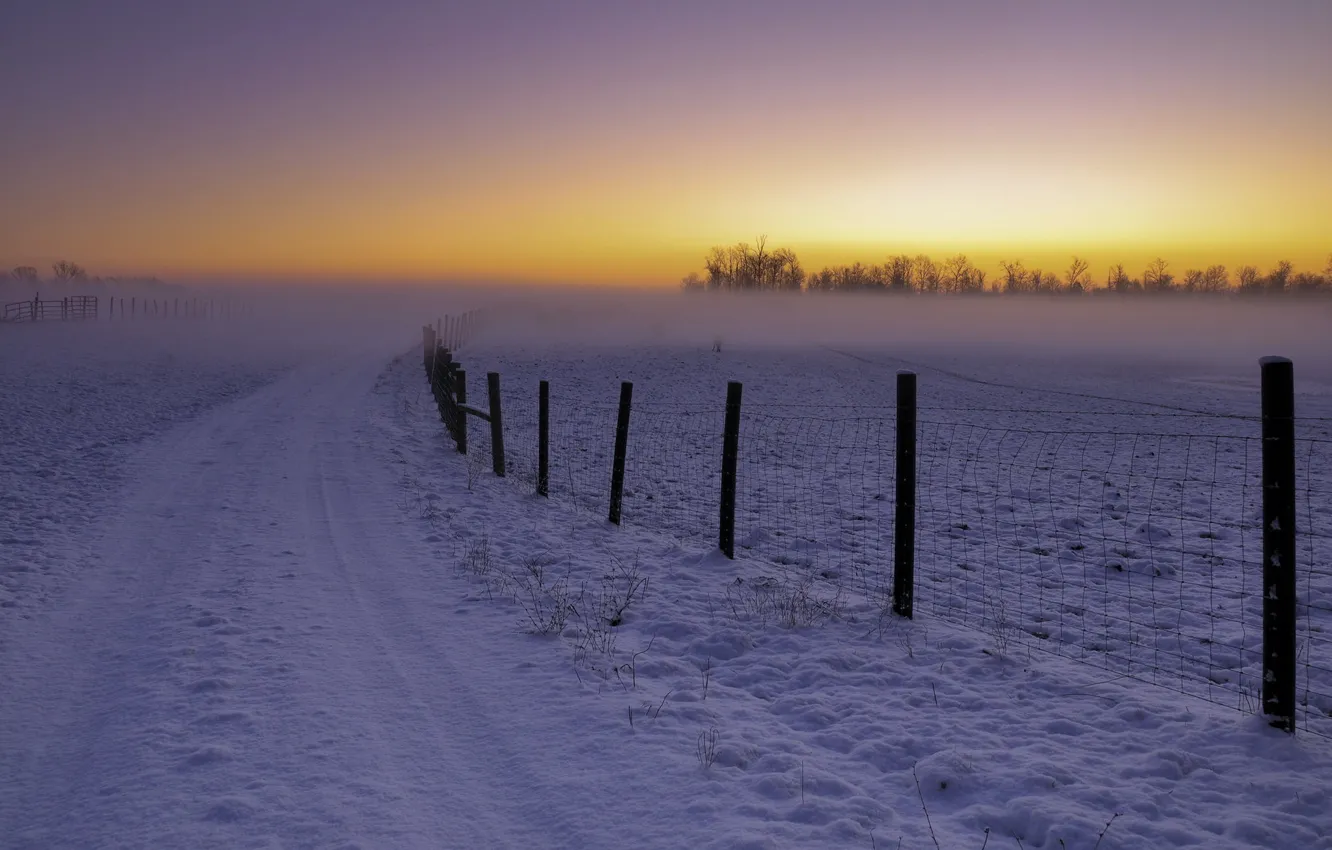 Фото обои зима, дорога, пейзаж, закат, забор