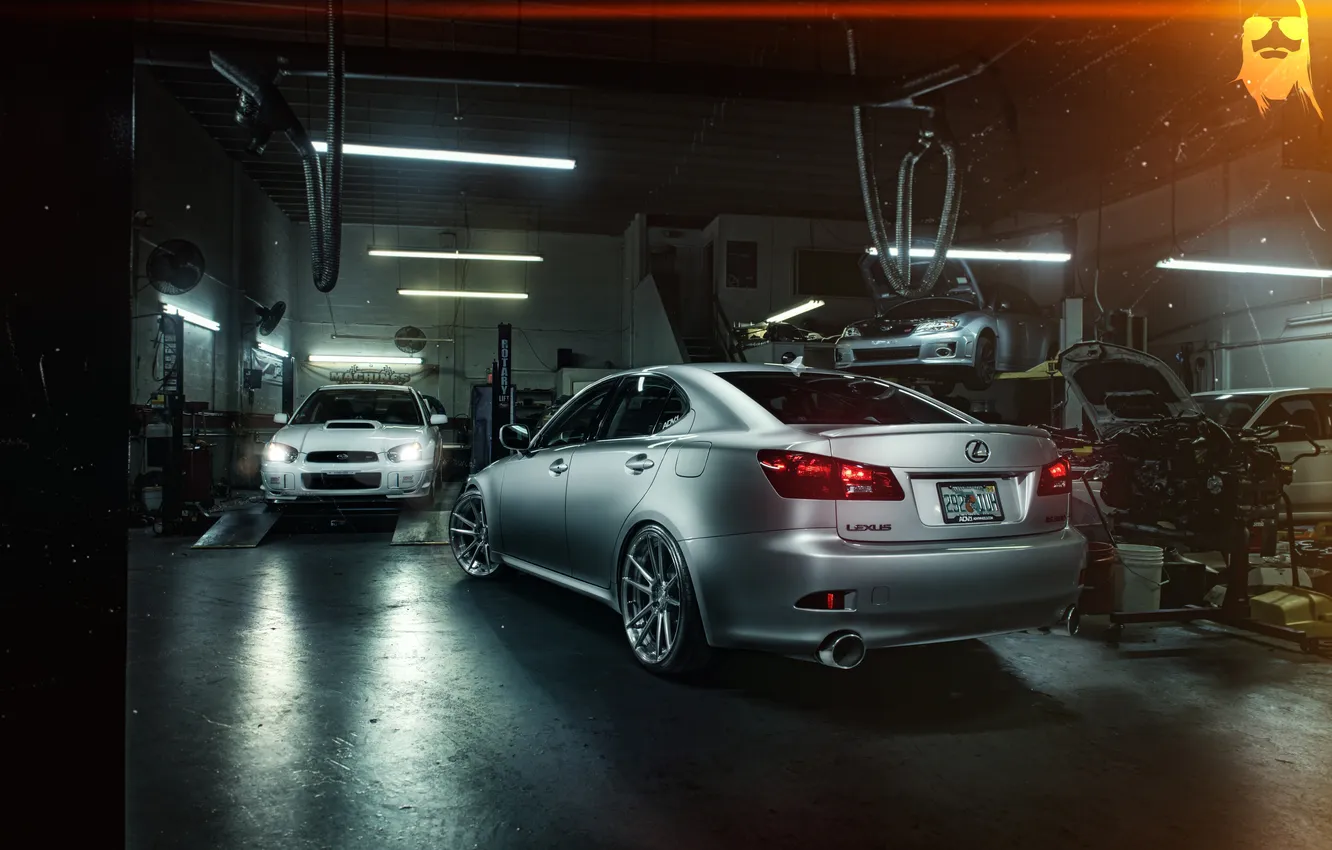 Фото обои Lexus, Subaru, Impreza, мастерская, rear, silvery, подъёмник, IS 250