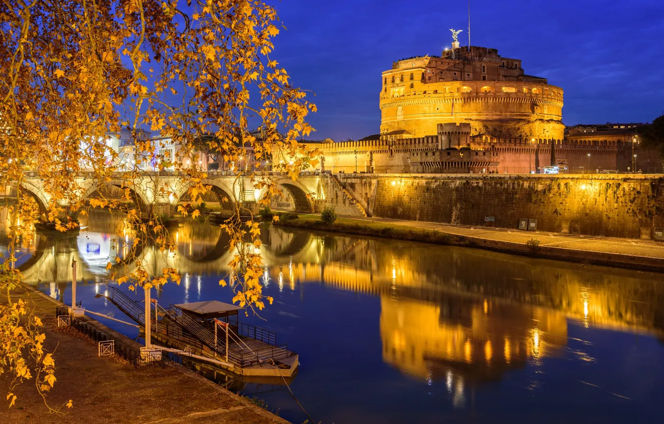 Фото обои ночь, огни, отражение, река, Рим, Италия, Тибр, Замок Святого Ангела