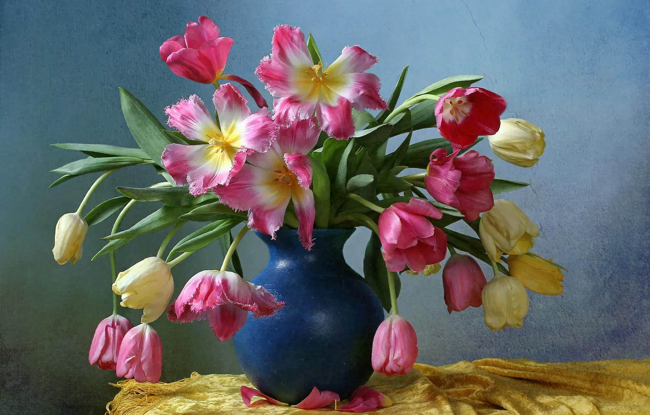 Фото обои фон, букет, тюльпаны, ваза