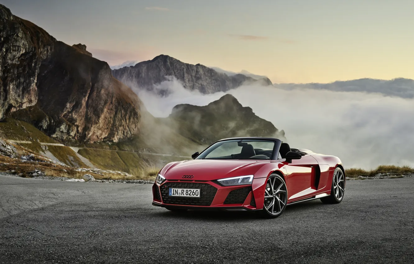 Фото обои закат, горы, Audi, вечер, Audi R8, Spyder, V10, 2020