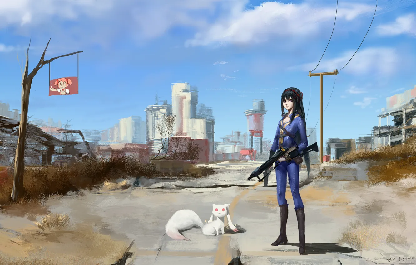 Фото обои кошка, девушка, город, автомат, чиби, mahou shoujo madoka magica, akemi homura, kaname madoka