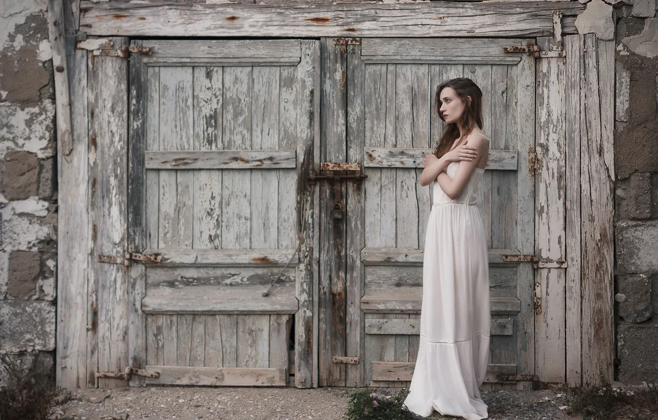 Фото обои девушка, платье, дверь