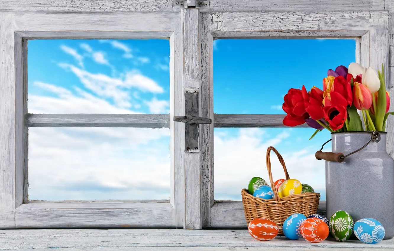 Фото обои цветы, яйца, весна, окно, Пасха, тюльпаны, flowers, tulips