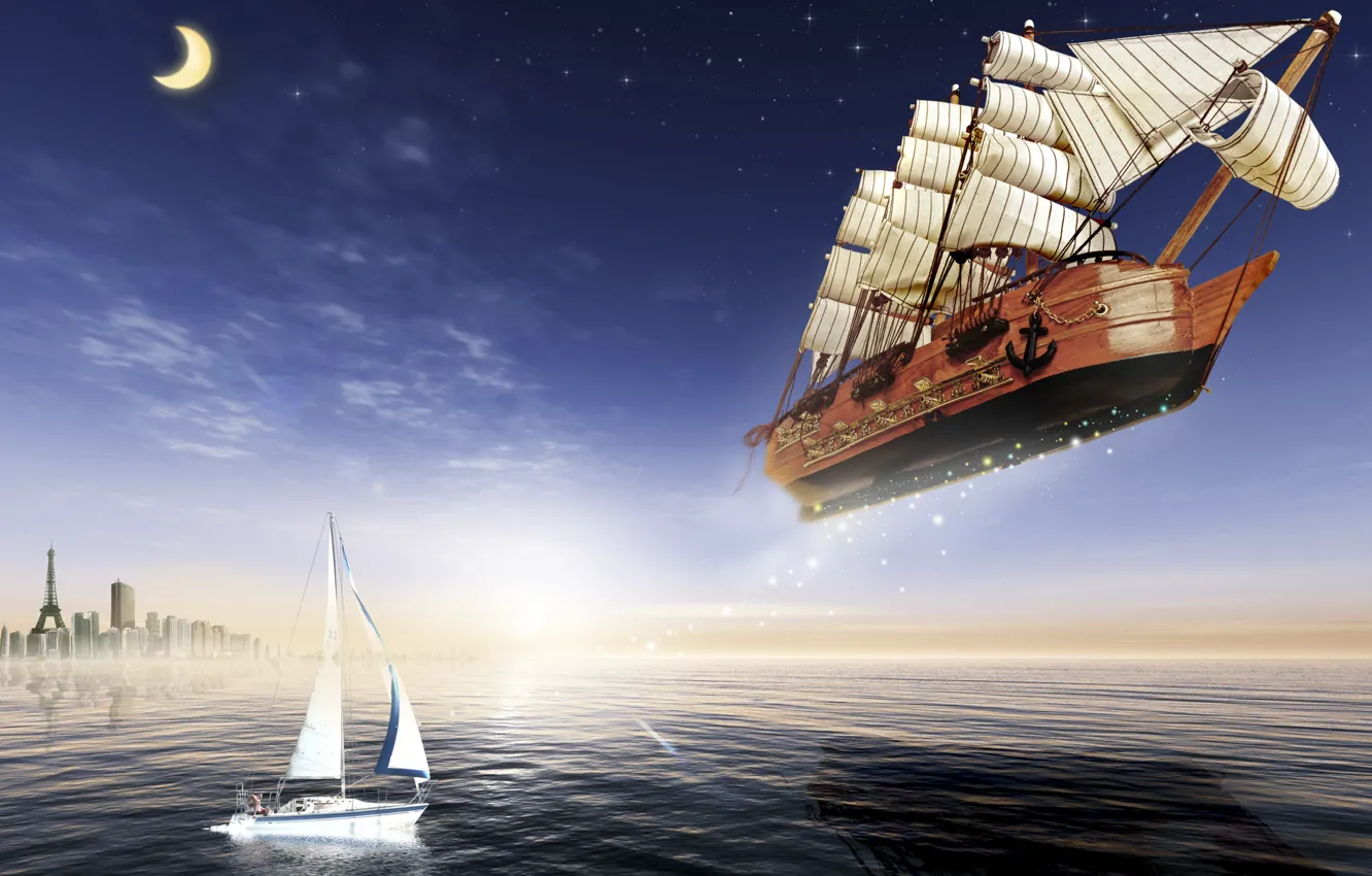 Фото обои море, луна, корабль, парусник, яхта, Летучий
