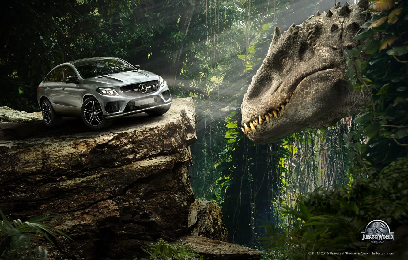 Фото обои авто, лес, скала, фантастика, динозавр, ситуация, джунгли, Мир Юрского периода