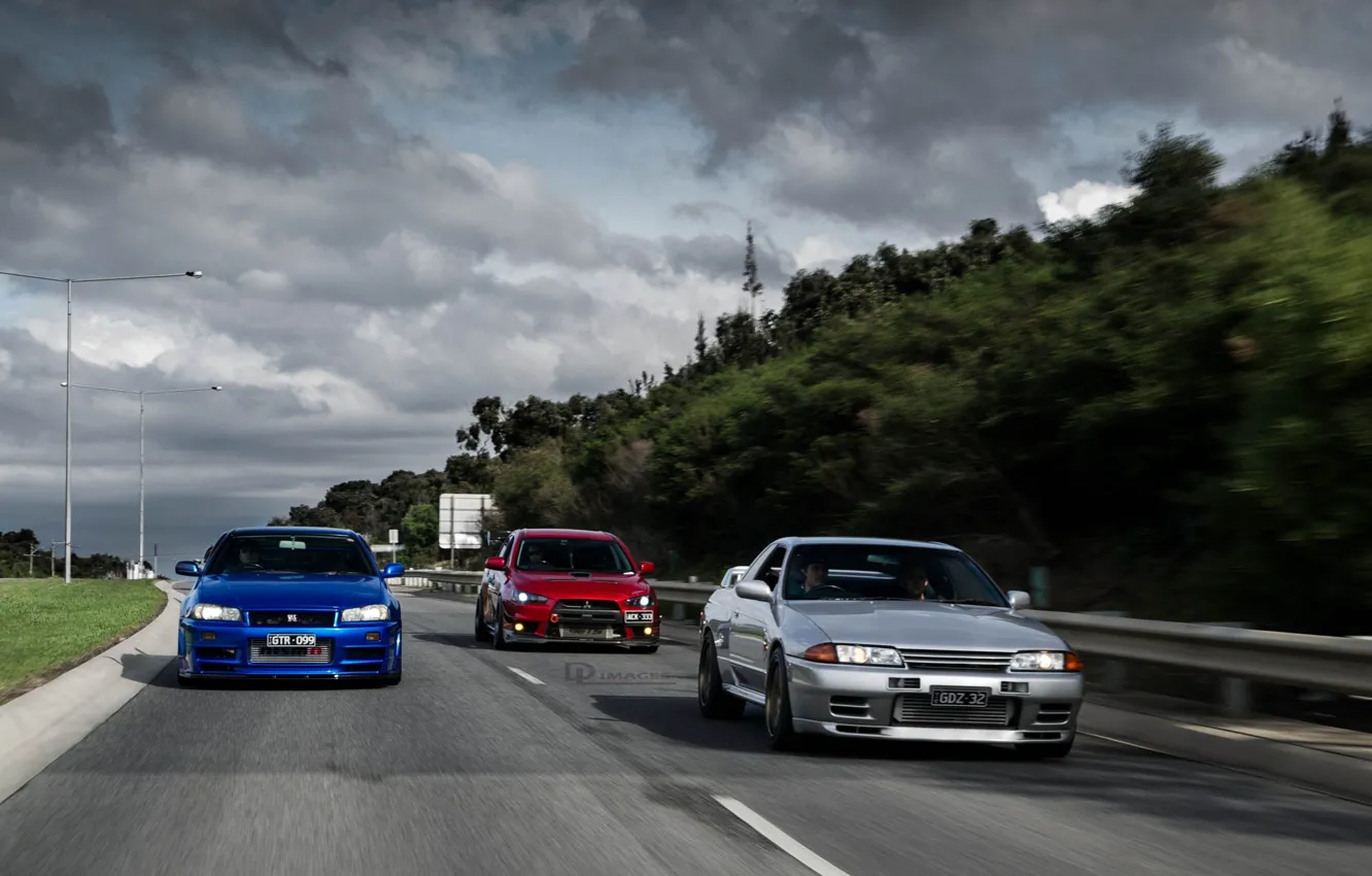 Фото обои nissan, turbo, red, mitsubishi, road, skyline, japan, blue