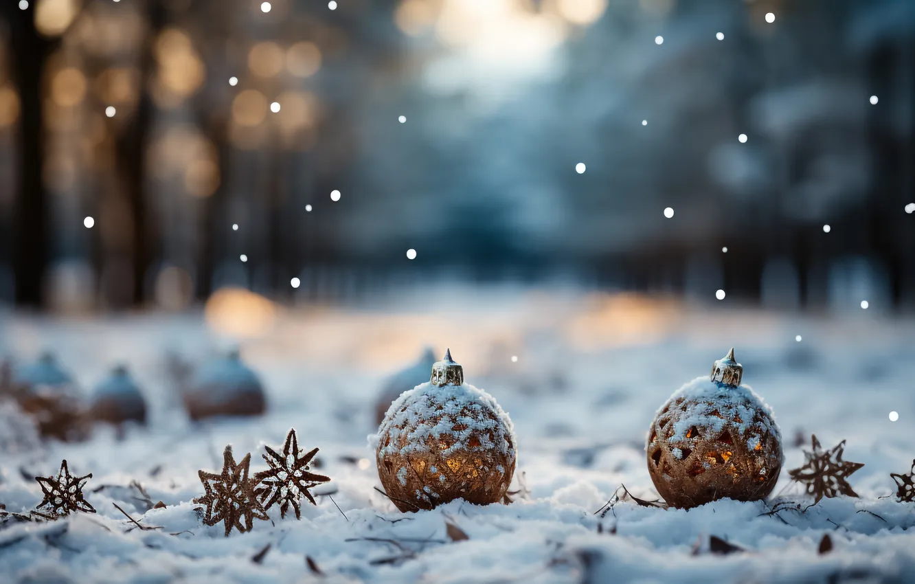 Фото обои снег, украшения, ночь, шары, Рождество, Новый год, Christmas, balls