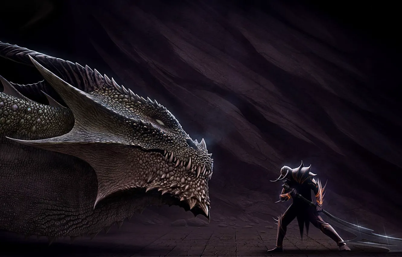 Фото обои дракон, меч, голова, воин, арт, ящер, рога, шлем