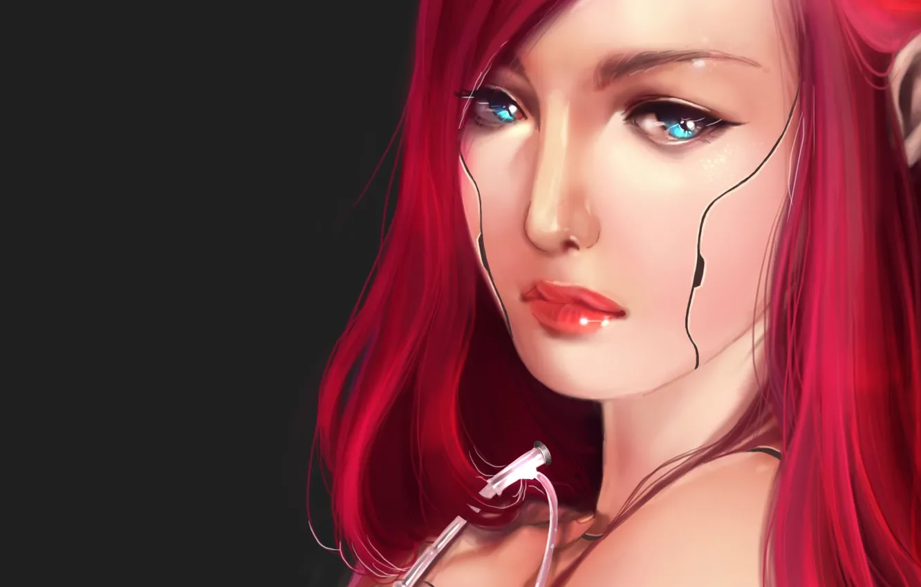 Фото обои девушка, лицо, трещины, арт, андроид, красные волосы