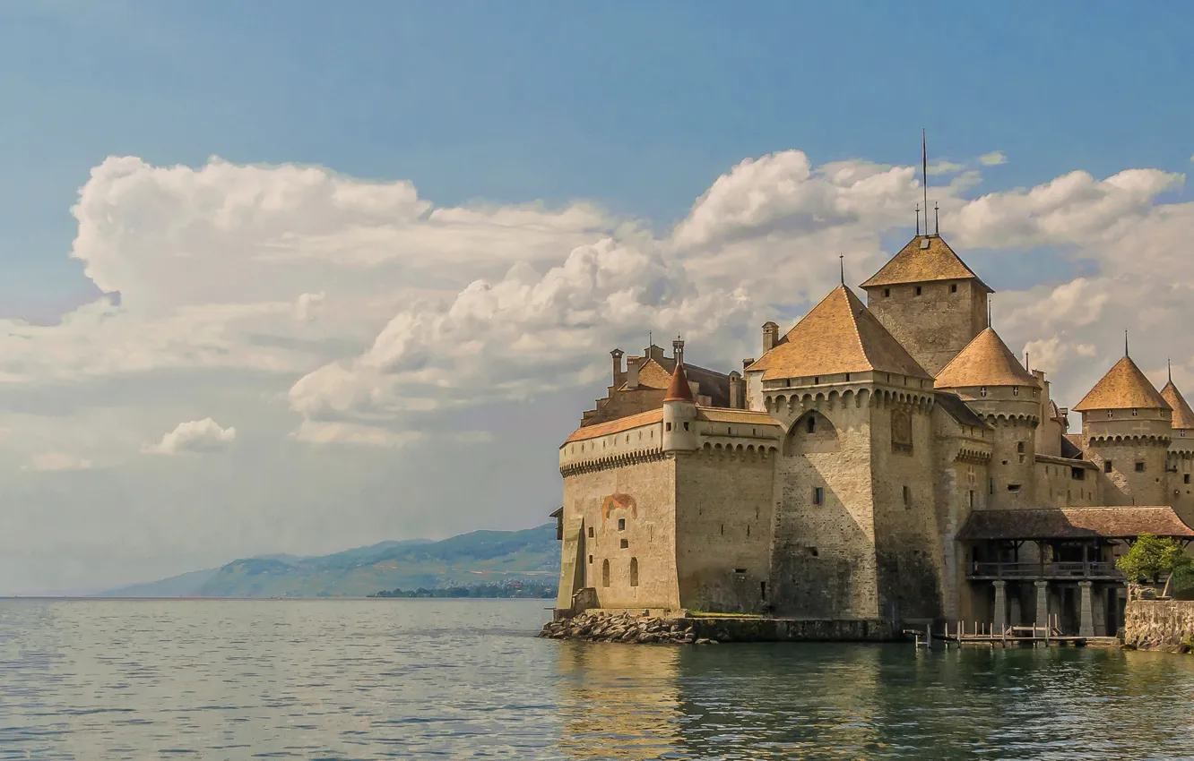 Фото обои озеро, замок, Швейцария, панорама, Switzerland, Женевское озеро, Шильонский замок, Lake Geneva