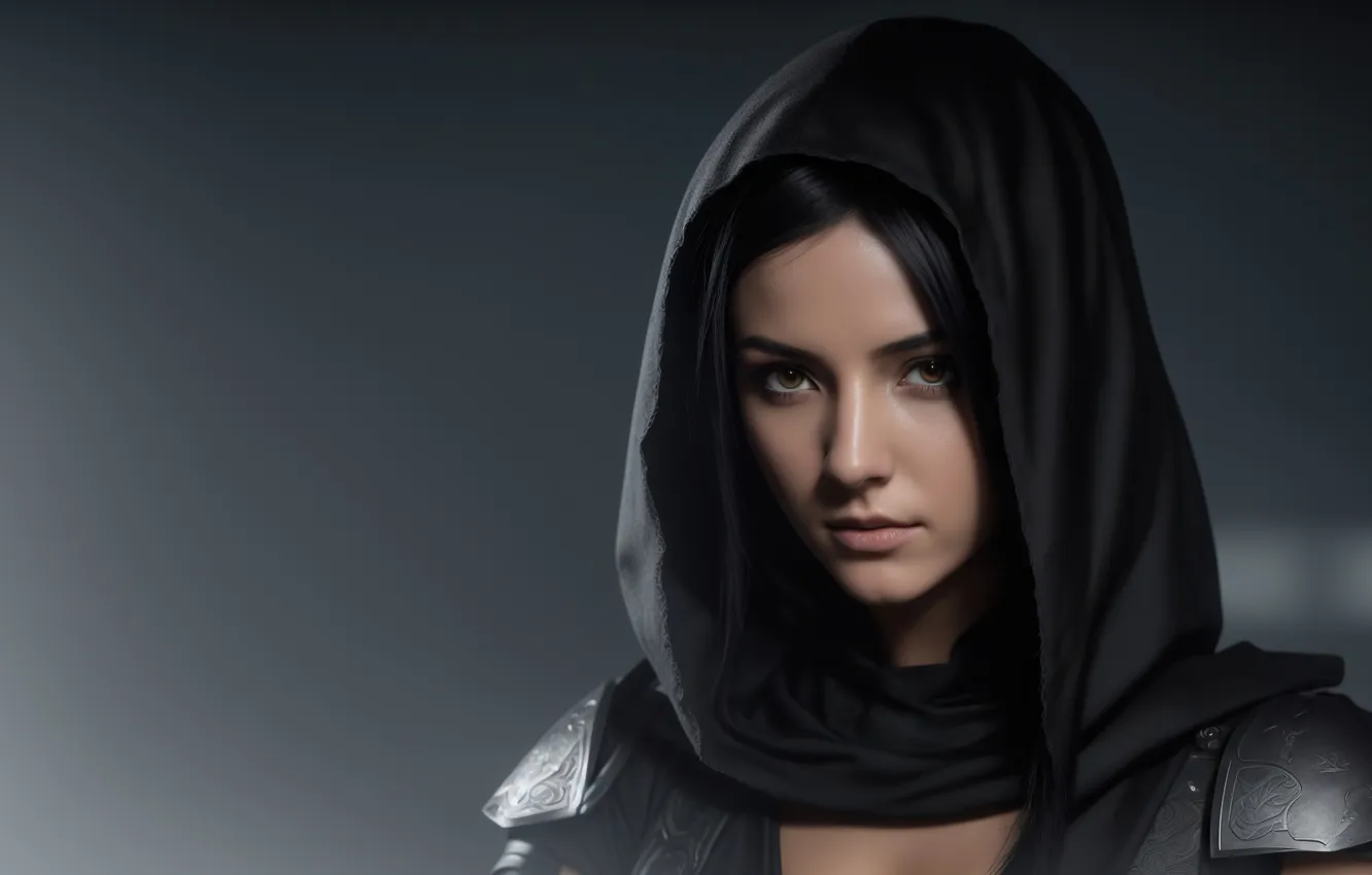 Фото обои girl, fantasy, brown eyes, art, fantasy art, black hair, hood, fantasy girl
