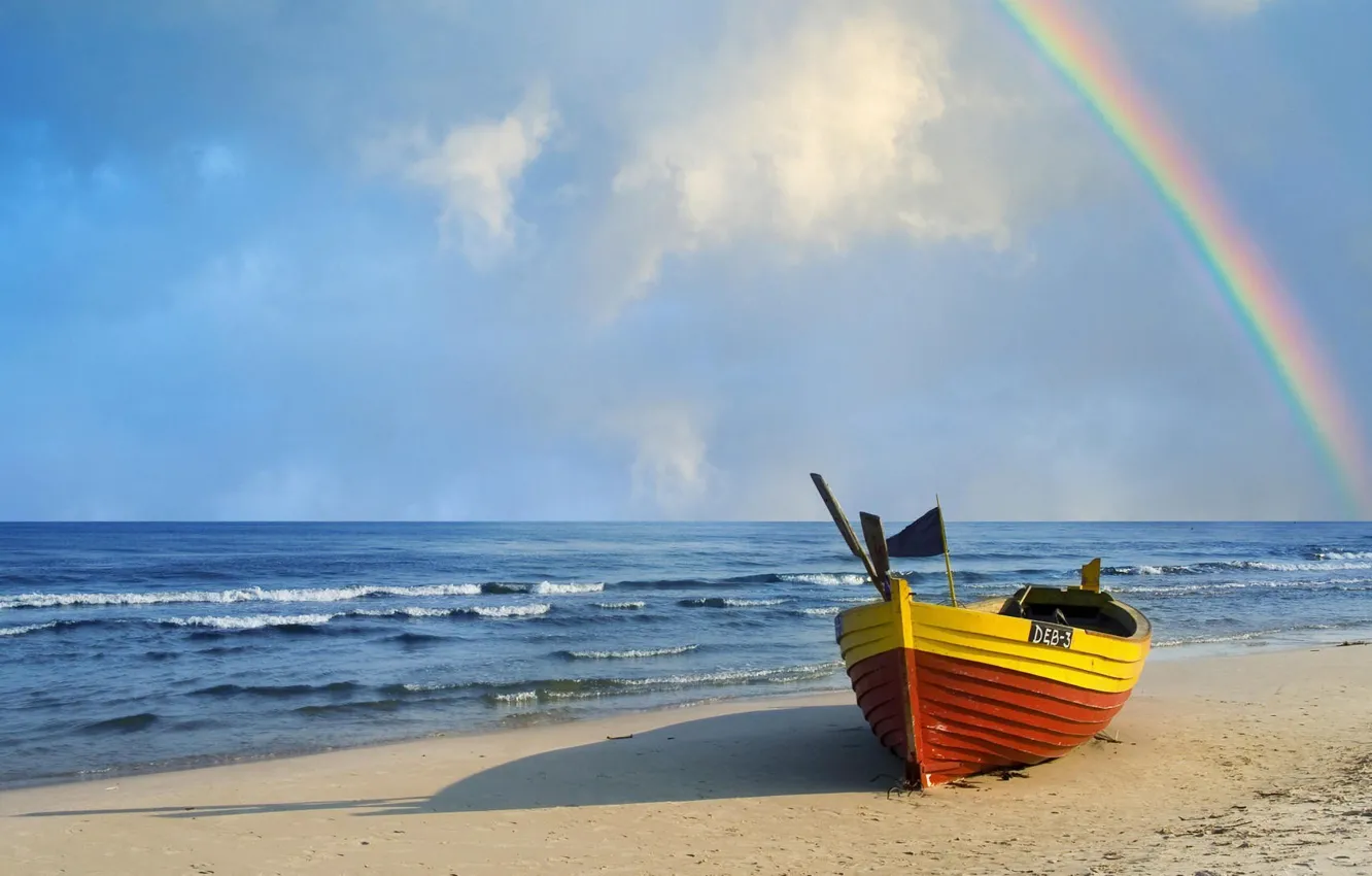 Фото обои море, берег, лодка, радуга
