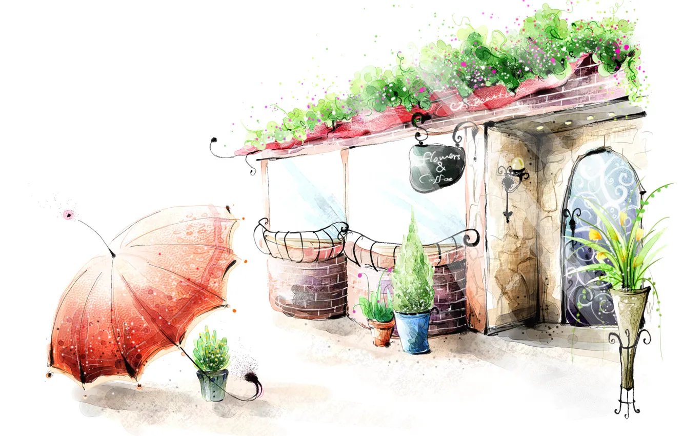 Фото обои цветы, зонтик, рисунок, фонарь, кафе, перила, ваза, горшки