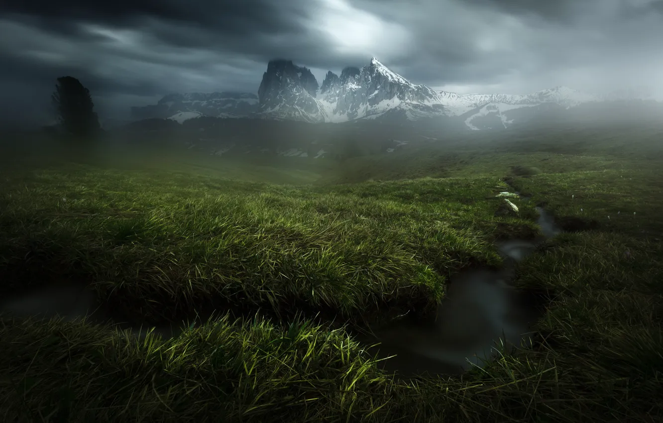 Фото обои трава, горы, тучи, ручей, Альпы