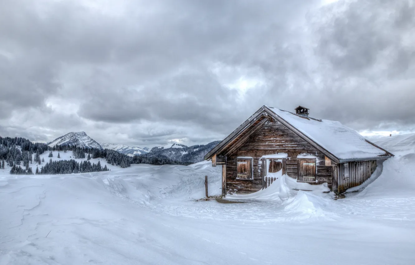 Фото обои холод, зима, снег, горы, дом, фон, widescreen, обои