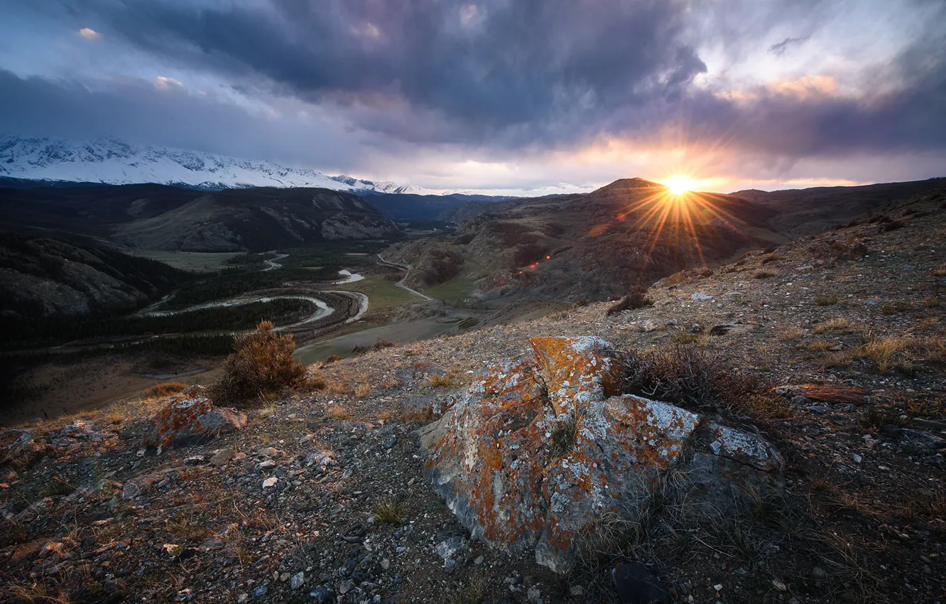 Фото обои закат, горы, Россия, Алтайский край