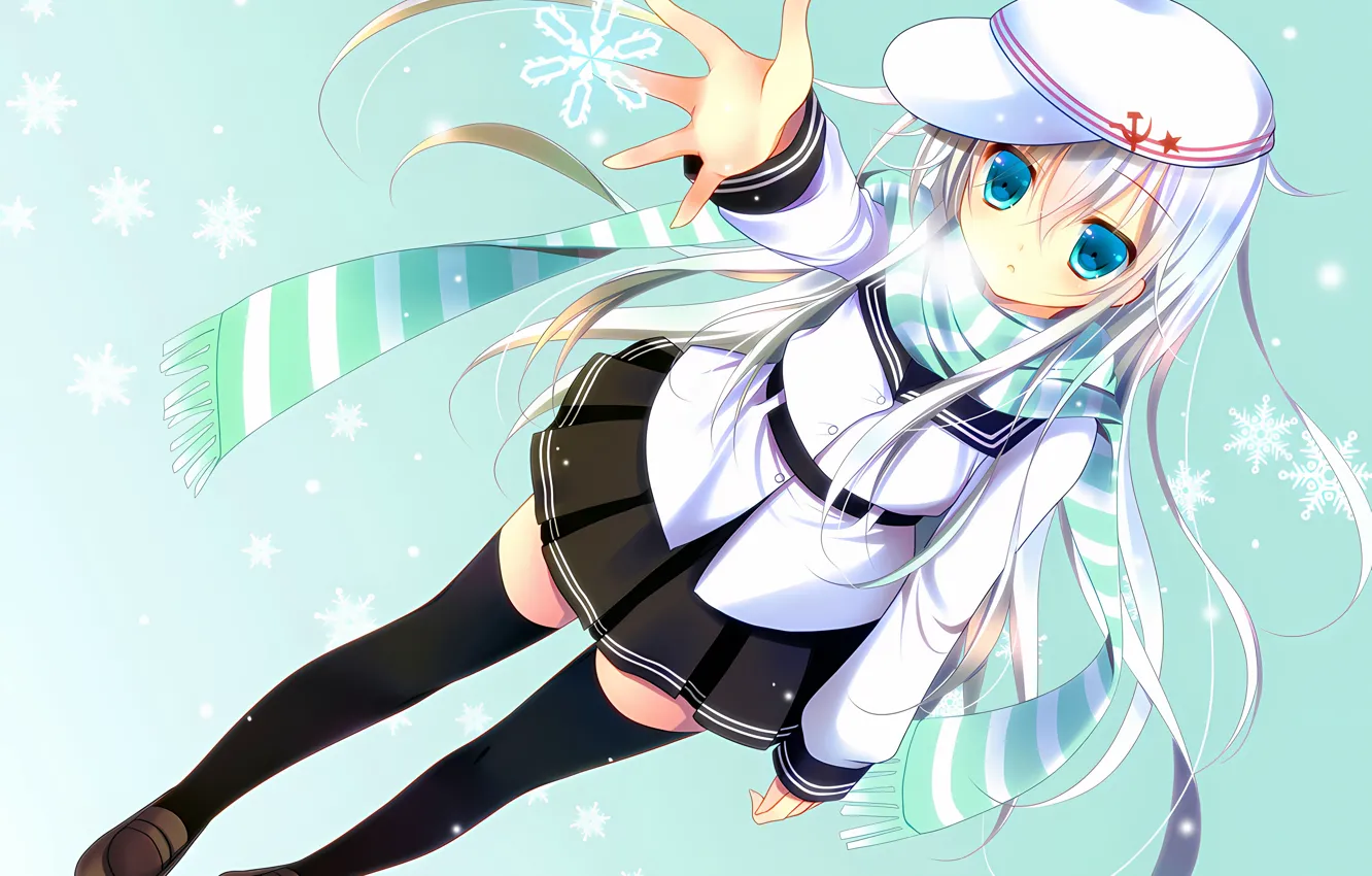 Фото обои girl, school uniform, thighhighs, long hair, anime, beautiful, winter, pretty