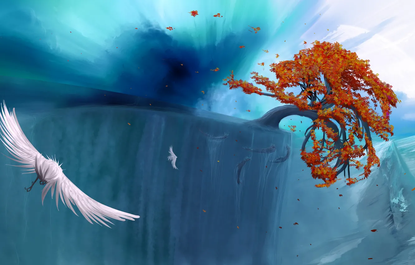 Фото обои осень, листья, вода, полет, корни, обрыв, дерево, птица