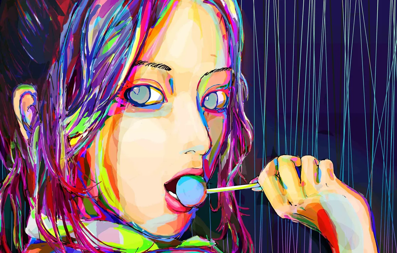Фото обои глаза, девушка, colorful, арт, губы, конфета, miyano kensuke