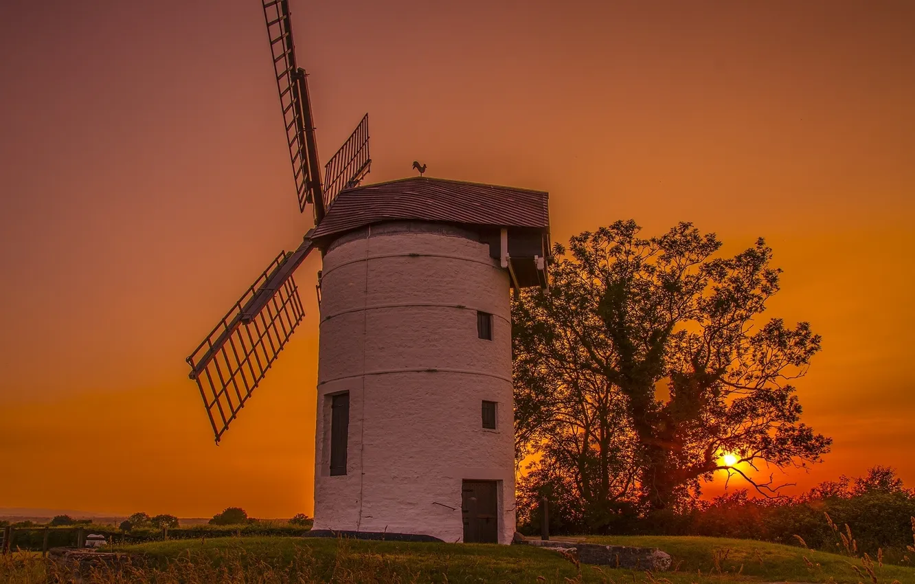 Фото обои закат, дерево, Англия, England, ветряная мельница