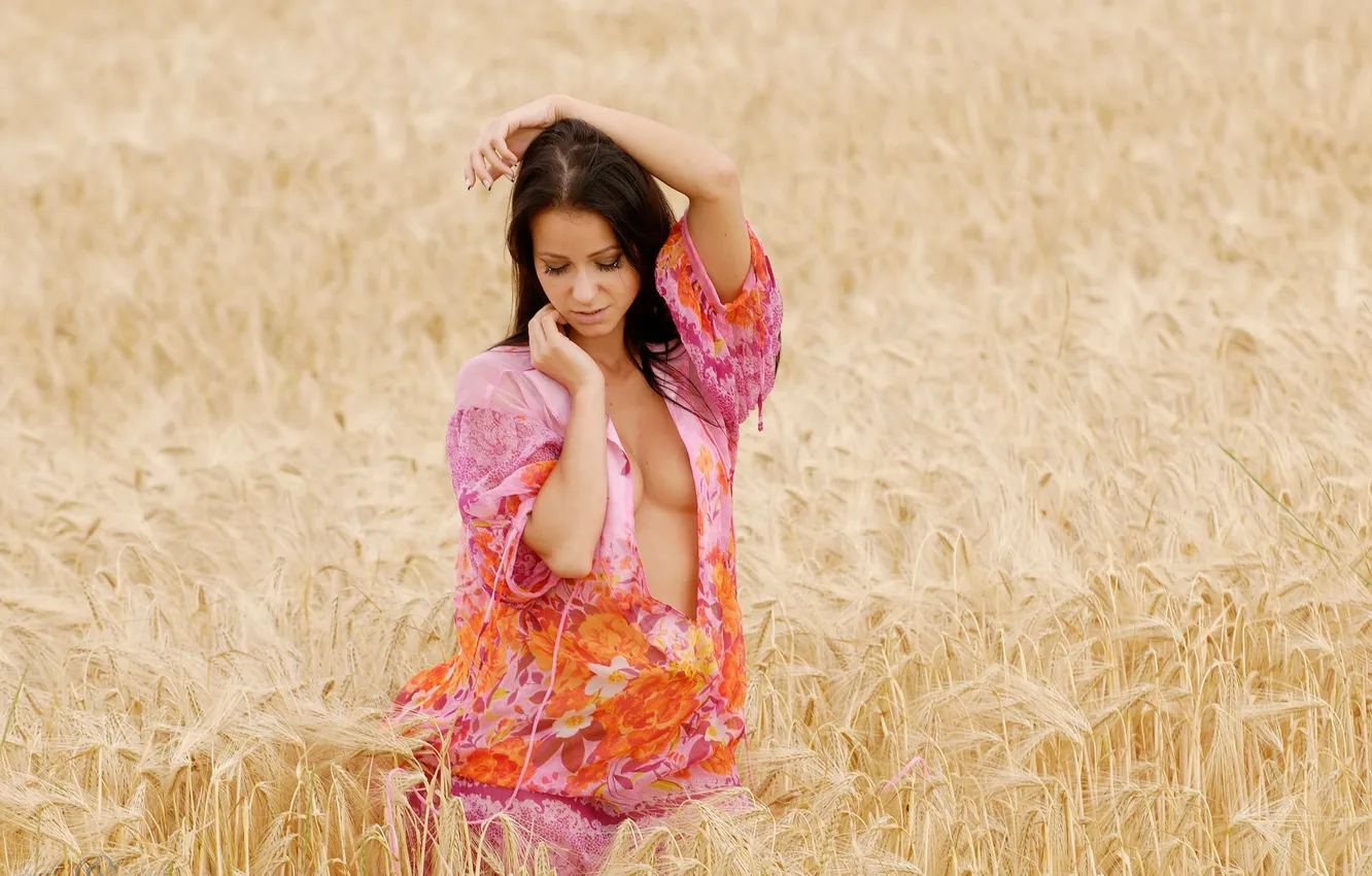 Фото обои поле, девушка, модель, брюнетка, Kristina Uhrinova