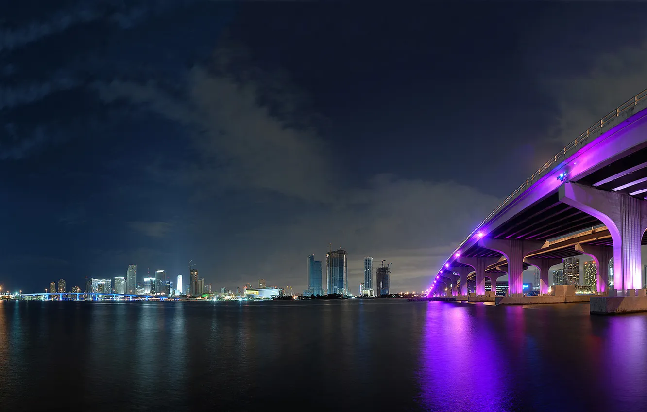 Фото обои фиолетовый, ночь, мост
