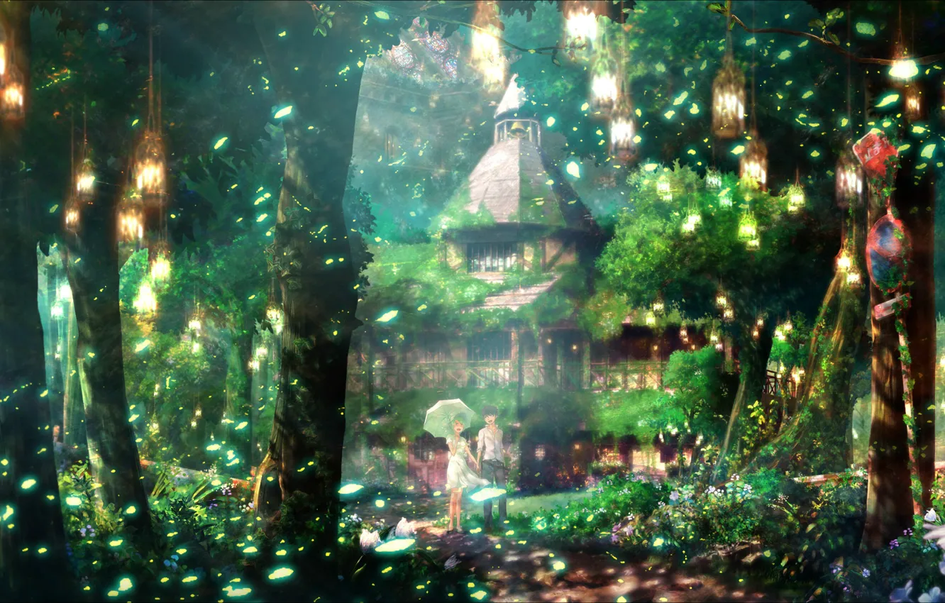 Фото обои лес, лето, трава, свет, листва, зонт, фонари, Храм