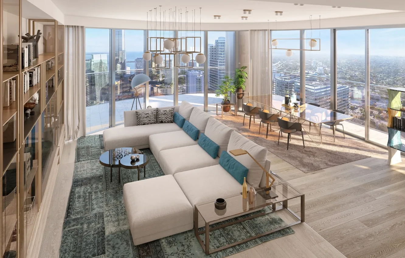 Фото обои интерьер, Miami, мегаполис, penthouse, гостиная, столовая, condominium