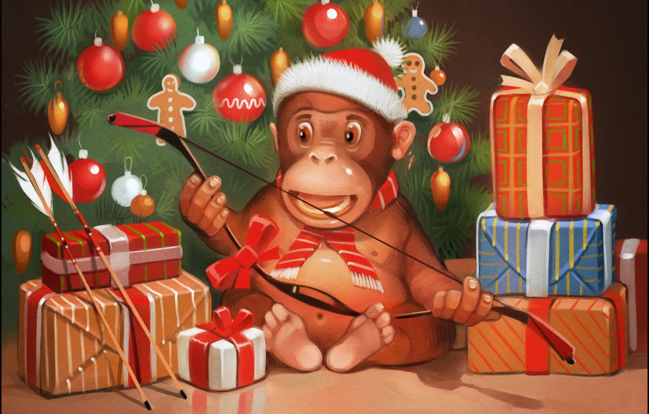 Фото обои настроение, праздник, подарок, елка, новый год, рождество, лук, обезьяна