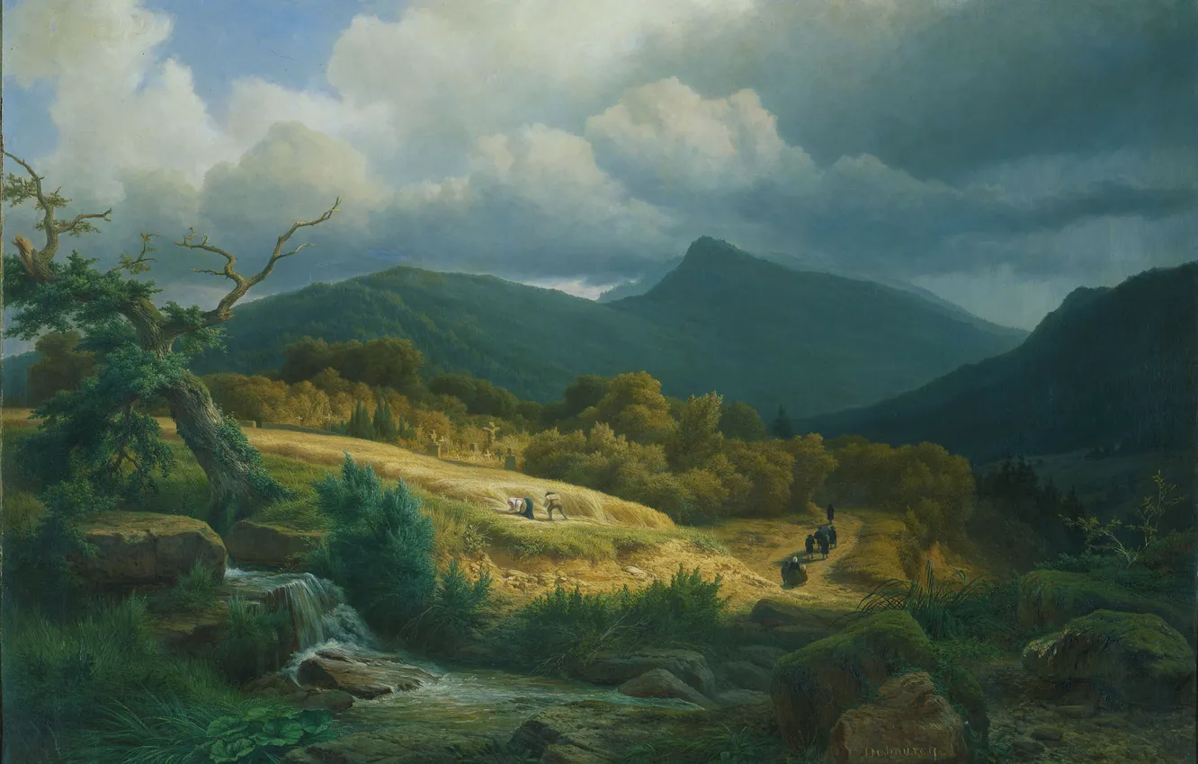 Фото обои пейзаж, масло, холст, 1855, На кладбище в Баден-Бадене, Pierre Louis Dubourcq