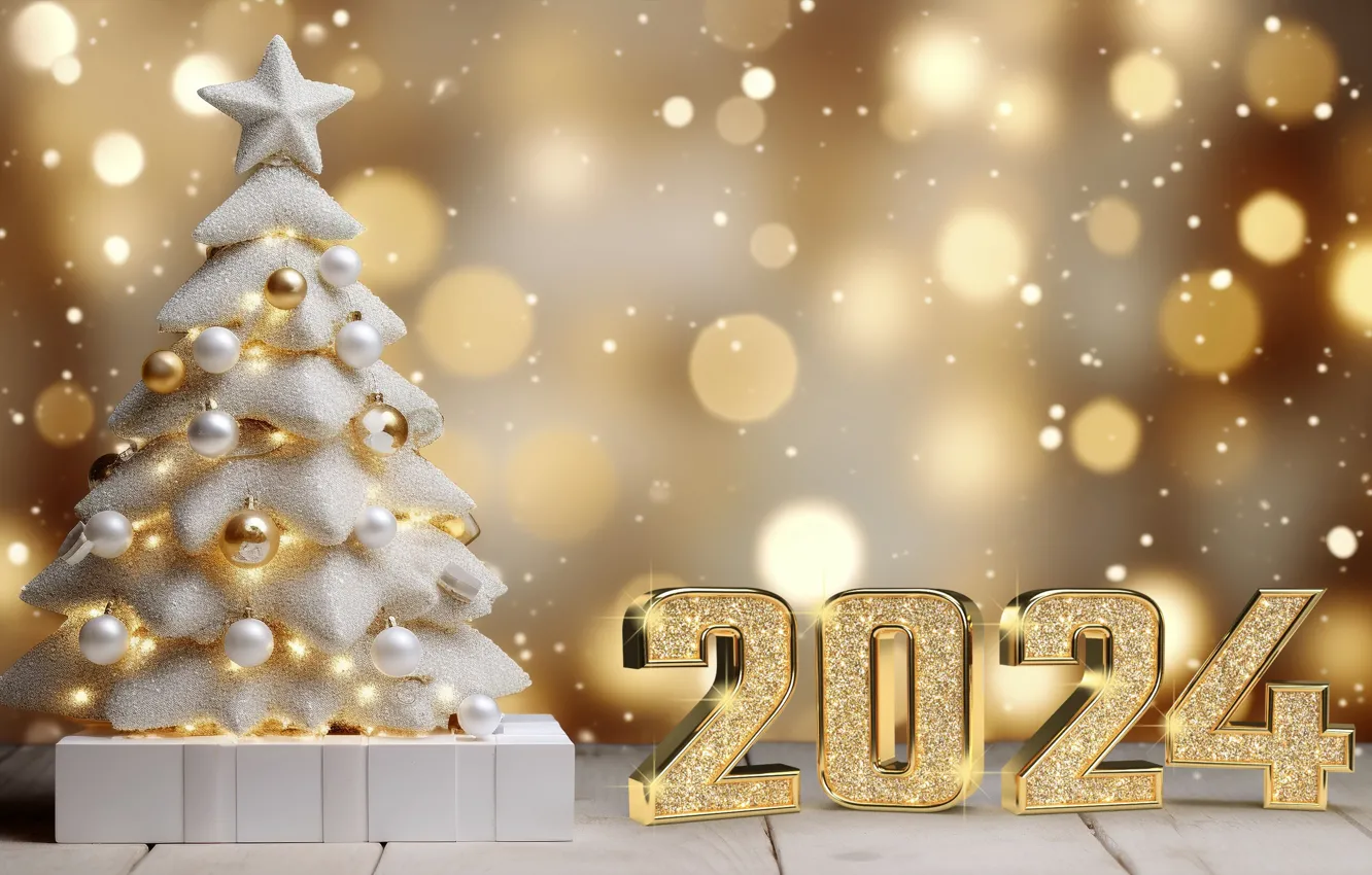 Фото обои шары, елка, Новый Год, Рождество, цифры, golden, new year, happy