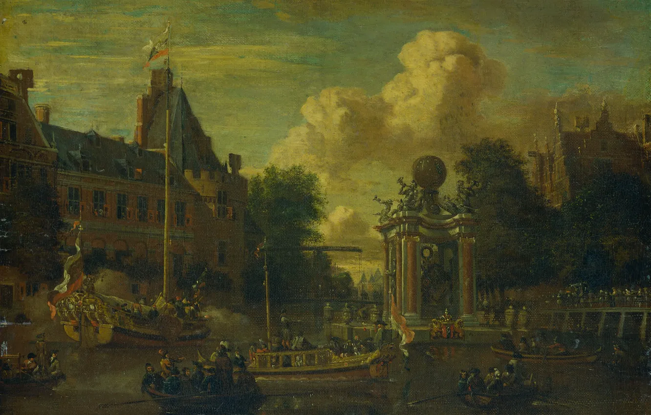 Фото обои масло, картина, Абрахам Сторк, холст на панели, Abraham Storck, 1708, Визит московского посольства в Амстердам