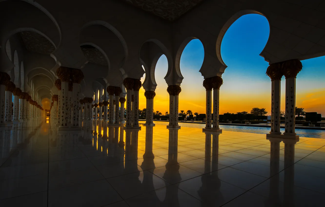 Фото обои закат, тень, колонны, ОАЭ, Абу-Даби, Sheikh Zayed Mosque, Мечеть Шейха Заида